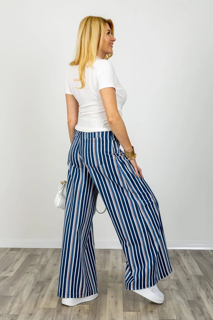 Spodnie wide leg z kieszeniami przeszyciem i ozdobnym sznurkiem w pasie Lucinasco dark denim blue w paski