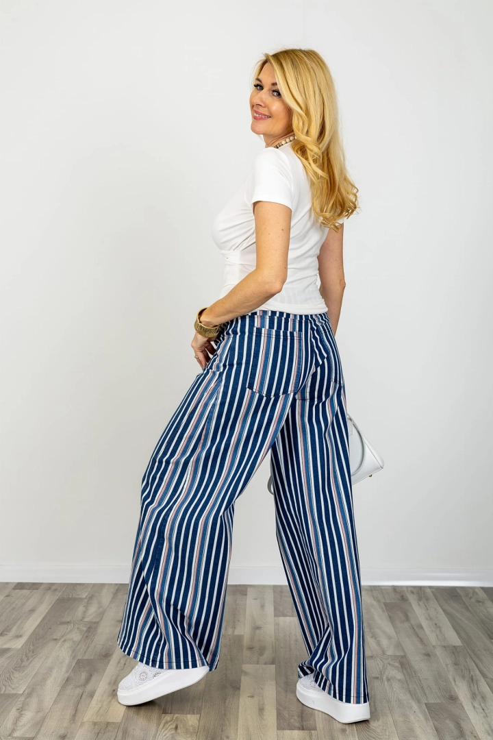 Spodnie w paski wide leg Lucinasco dark denim blue z kieszeniami przeszyciem i ozdobnym sznurkiem w pasie