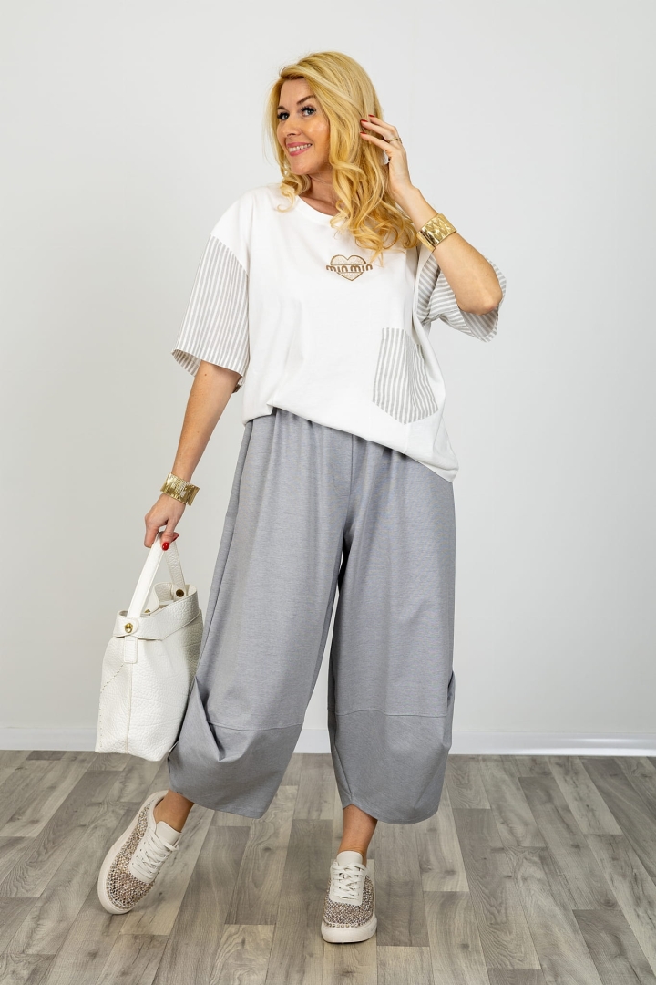 Bluzka damska Bormida beżowo popielata oversize z paskami i kieszenią