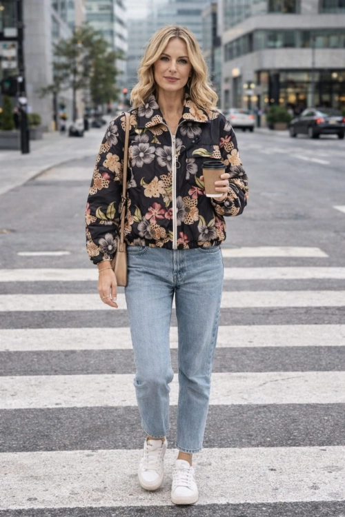 Kurtka wiosenna Castignano czarna w kwiatowy wzór z kołnierzem