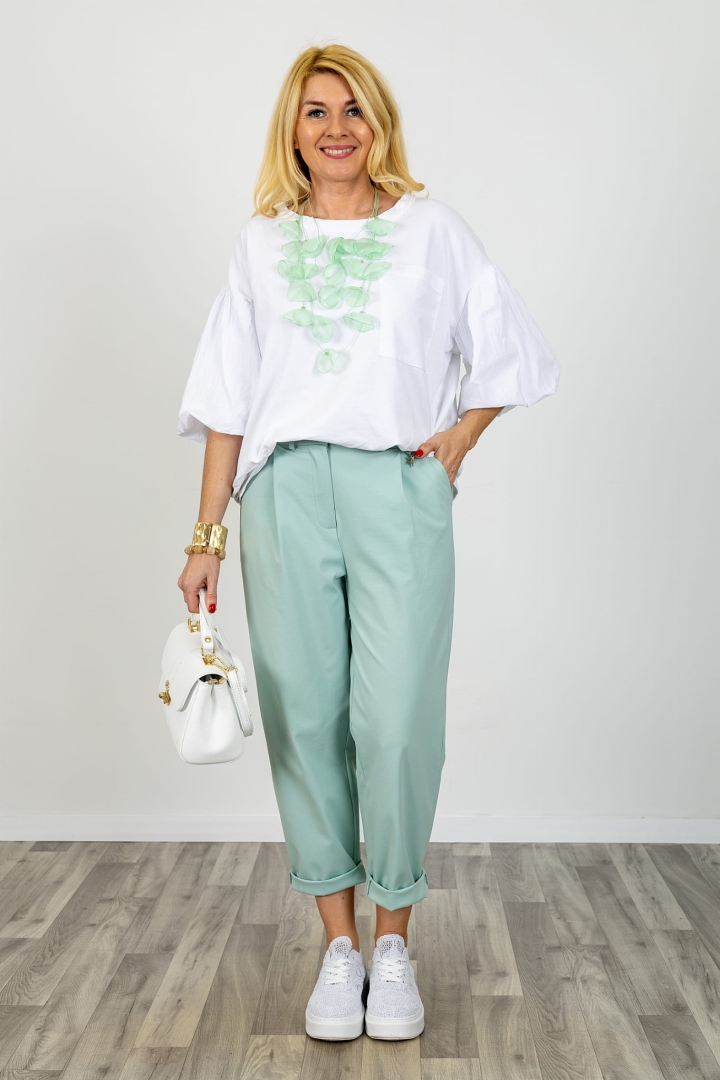 Spodnie materiałowe na gumce zapinane na guzik z suwakiem i kieszeniami Bagnoaripoli miętowe