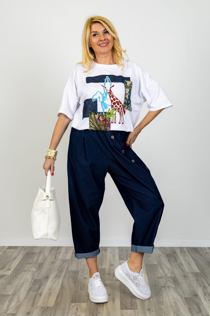 Spodnie balloon jeansowe z ozdobną kopertową zakładką na gumce z kieszeniami i wysokim stanem Rapagnano denim blue