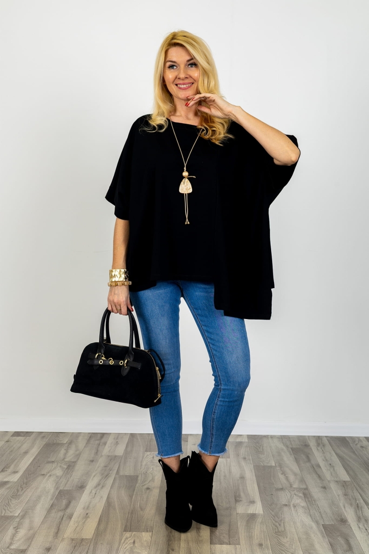 Bluzka mega oversize asymetryczna z krótkim rękawem kimono i okrągłym dekoltem Falerone czarna