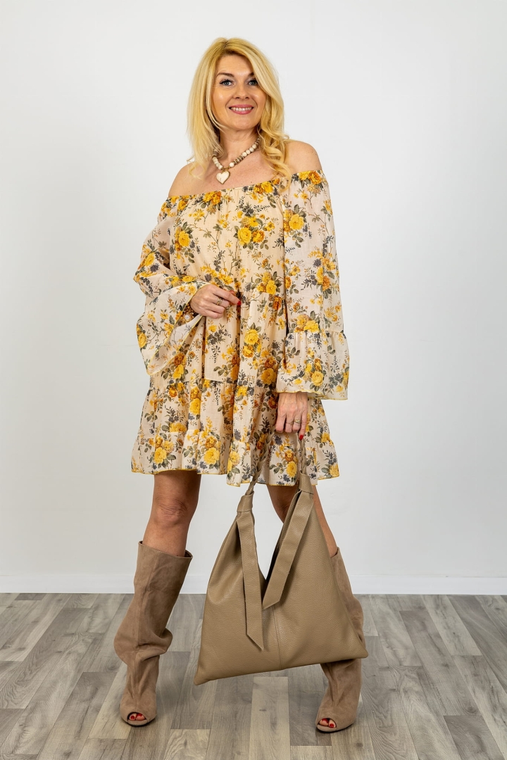 Sukienka hiszpanka oversize w kwiaty z odkrytymi ramionami luźna sukienka z falbaną rozkloszowana boho Orioalserio żółta