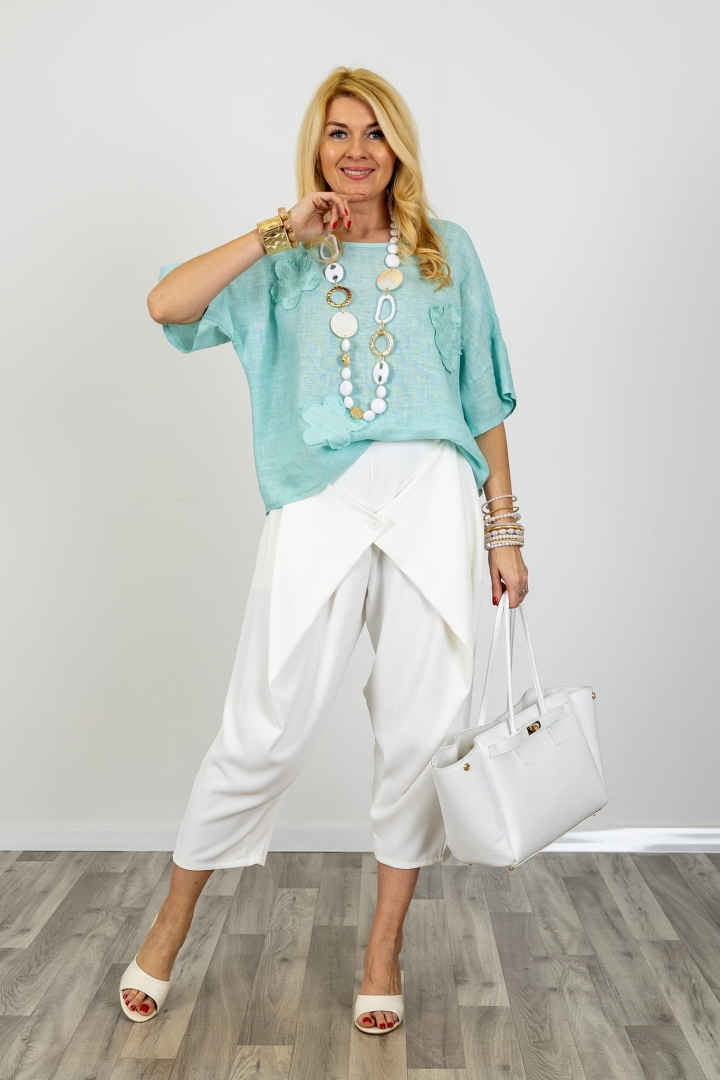 Lniana bluzka damska oversize z naszywanymi kwiatami luźna bluzka z naturalnego lnu krótki rękaw Corsico miętowa