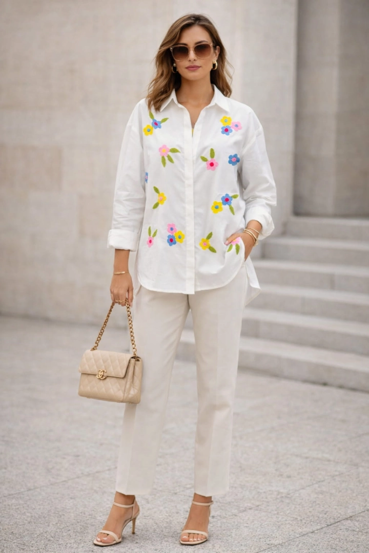 Koszula damska biała asymetryczna z haftem kwiatowym i luźnym krojem na guziki