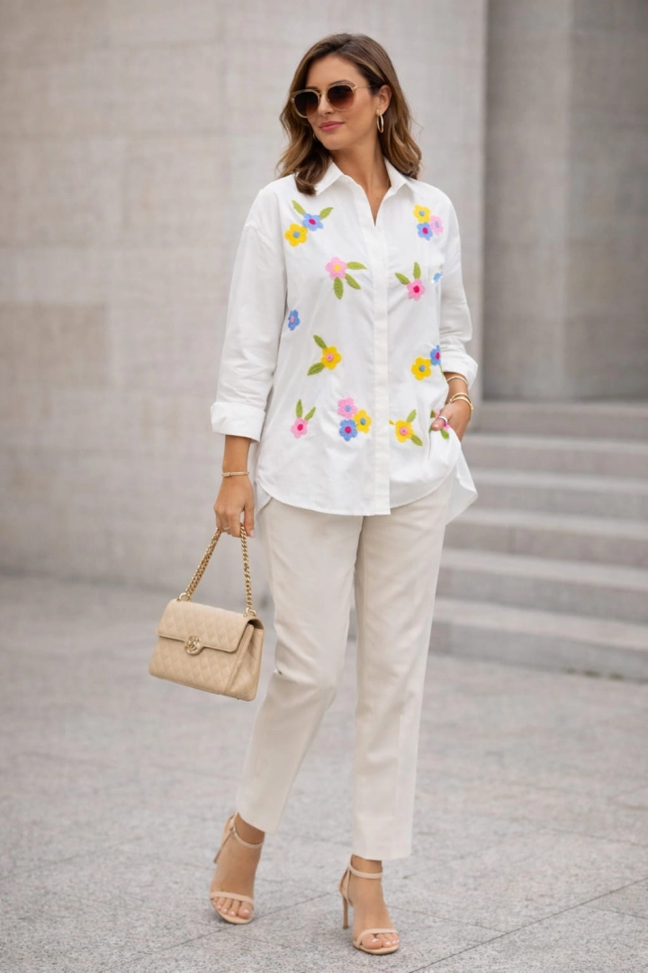 Luźna biała koszula damska z haftowanymi kwiatami i kołnierzykiem elegancki styl casual