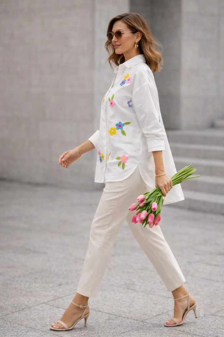 Biała koszula oversize z kolorowym haftem kwiatowym zapinana na guziki z długim rękawem