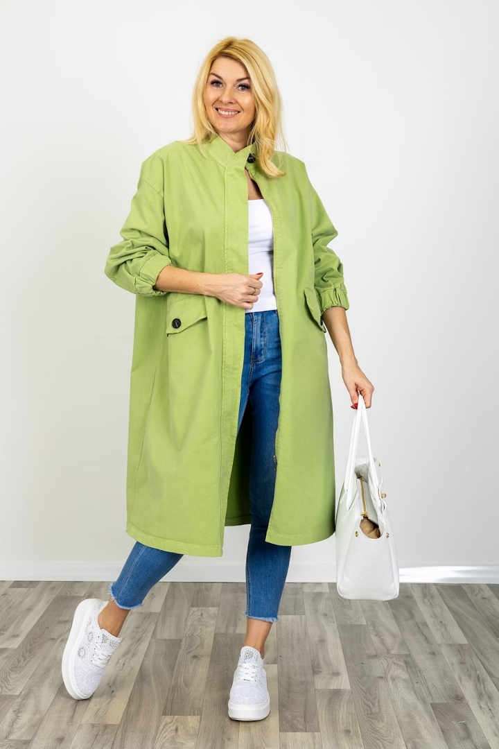 Płaszcz wiosenny oversize zasuwany z kieszeniami i patkami marszczonymi rękawami na stójce Numana wiosenna zieleń 