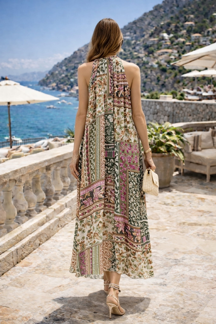 Sukienka maxi damska Caravino khaki w kwiaty oversize z wiązaniem pod szyją na lato