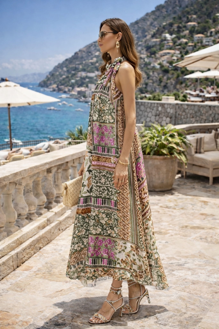 Sukienka maxi w kwiaty Caravino khaki oversize bez rękawów z wiązaniem przy szyi na lato