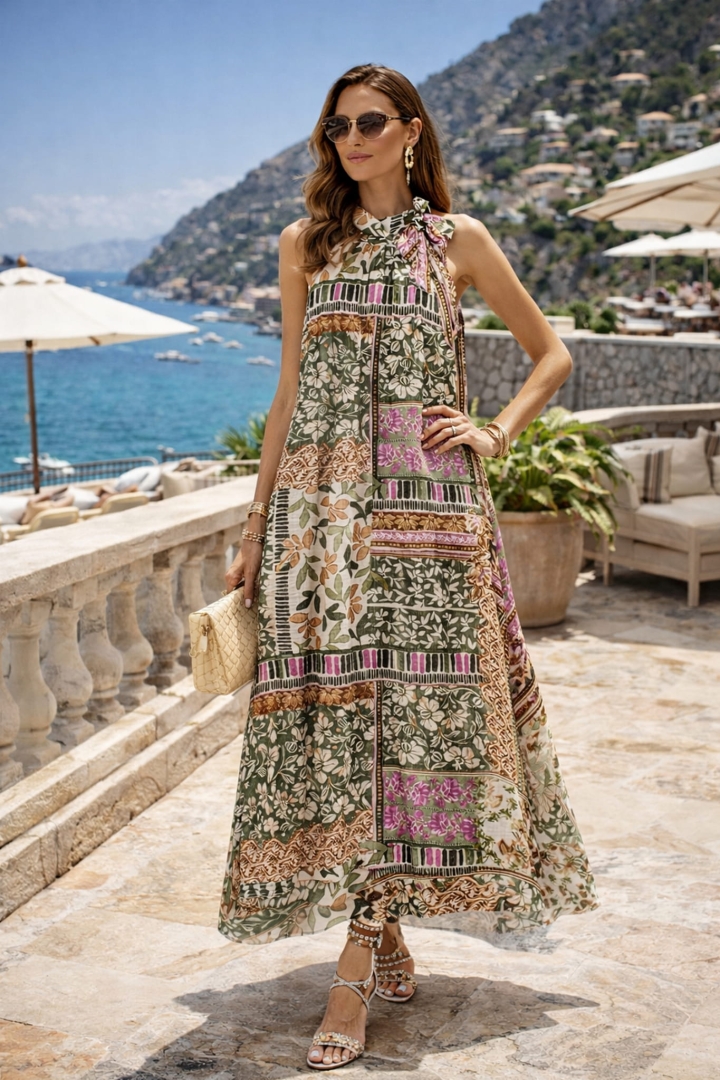 Sukienka w kwiaty maxi oversize z wiązaniem przy szyi bez rękawów na lato Caravino khaki