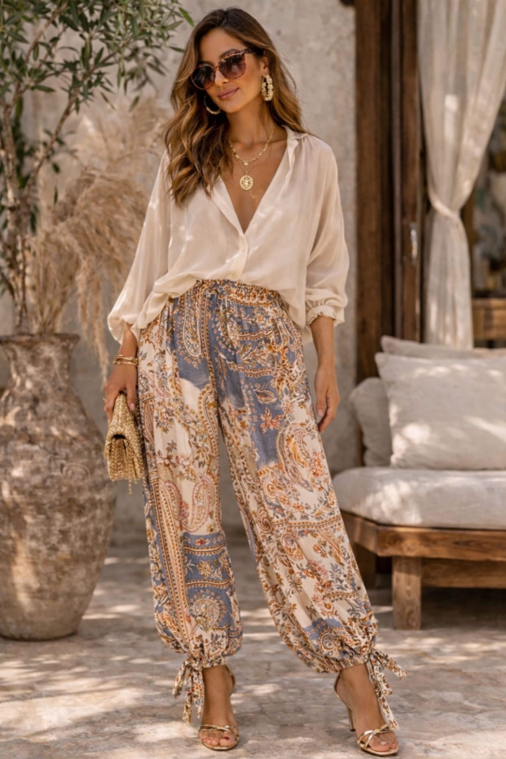 Spodnie baggy haremki balloon boho style we wzory z wiązanymi nogawkami u dołu i gumką w pasie Mioglia beż z niebieskim 