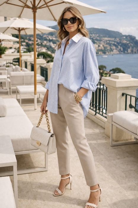 Koszula damska w paski błękitna Fieradiprimiero elegancka z dżetami zapinana na guziki