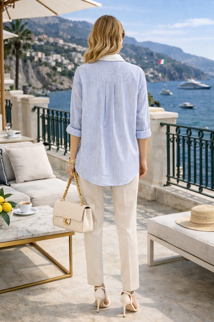 Denim blue koszula damska w paski Fieradiprimiero elegancka z dżetami i klasycznym kołnierzem