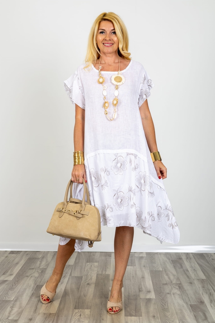Sukienka midi lniana biała Sangemini oversize asymetryczna z haftem kwiatowym krótki rękaw