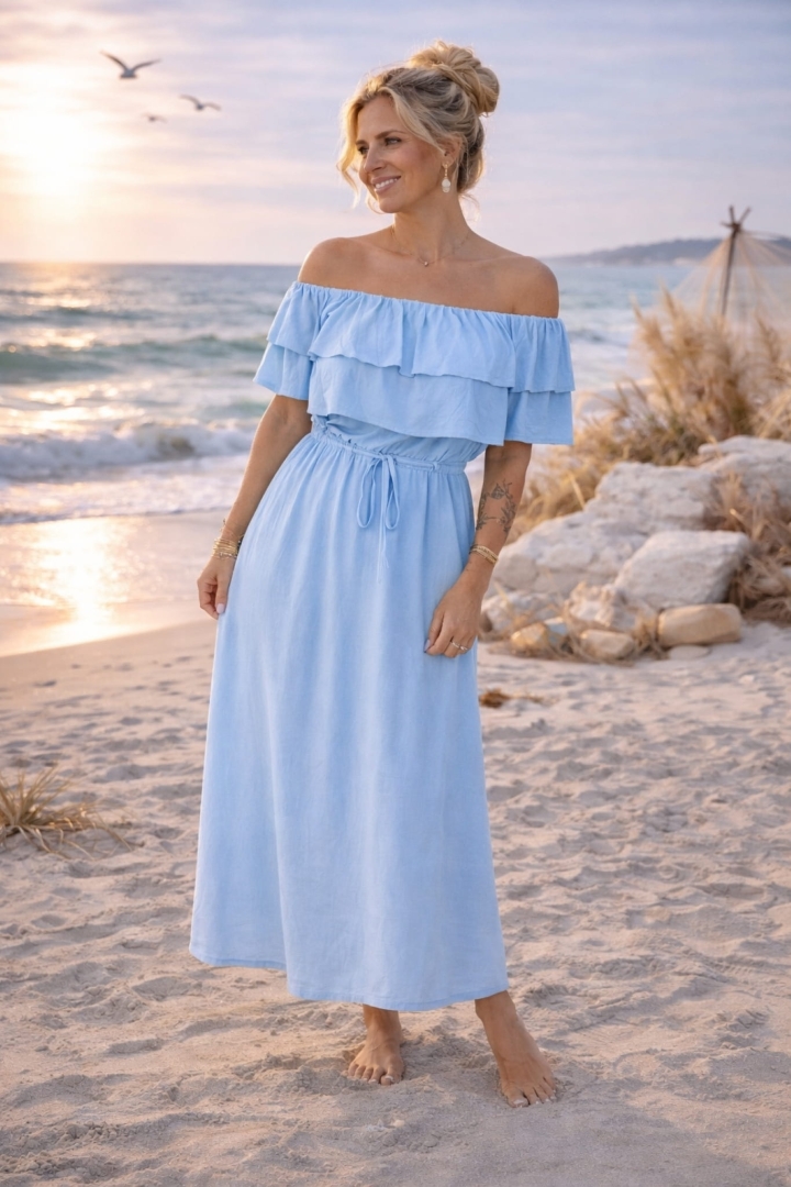 Sukienka hiszpanka maxi oversize z kieszeniami rozcięciem na boku troczkiem w talii gumką i falbanką przy dekolcie Campofilone błękitna 