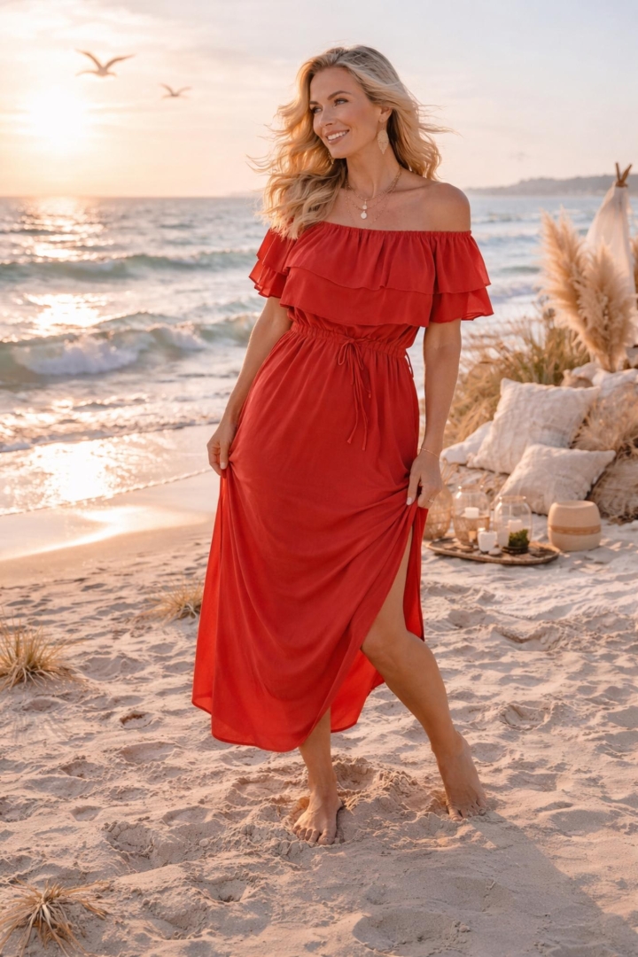 Sukienka hiszpanka maxi oversize z kieszeniami rozcięciem na boku troczkiem w talii gumką i falbanką przy dekolcie Campofilone czerwona