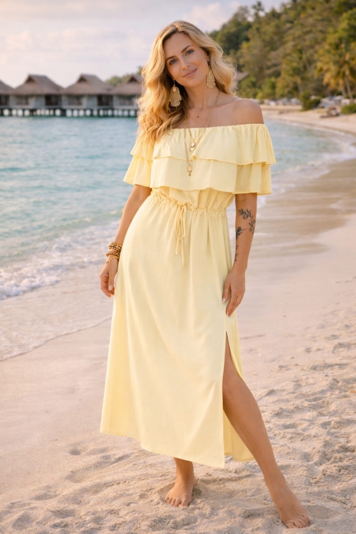 Sukienka hiszpanka maxi oversize z kieszeniami rozcięciem na boku troczkiem w talii gumką i falbanką przy dekolcie Campofilone pastelowo zółta