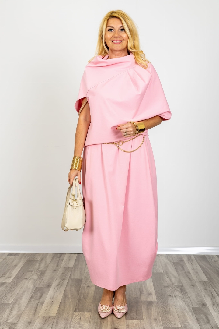 Spódnica maxi pudrowy róż model Buonconvento z gumką w pasie zakładkami i kieszeniami fason luźny