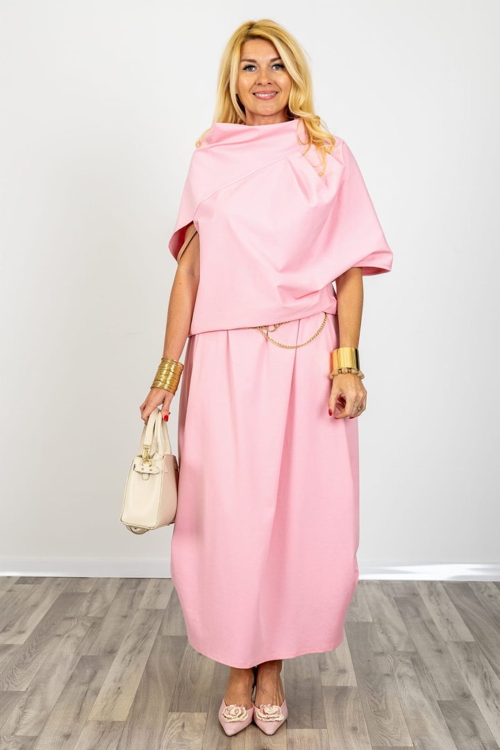 Buonconvento spódnica maxi pudrowy róż z zakładkami kieszeniami i gumką w pasie fason swobodny