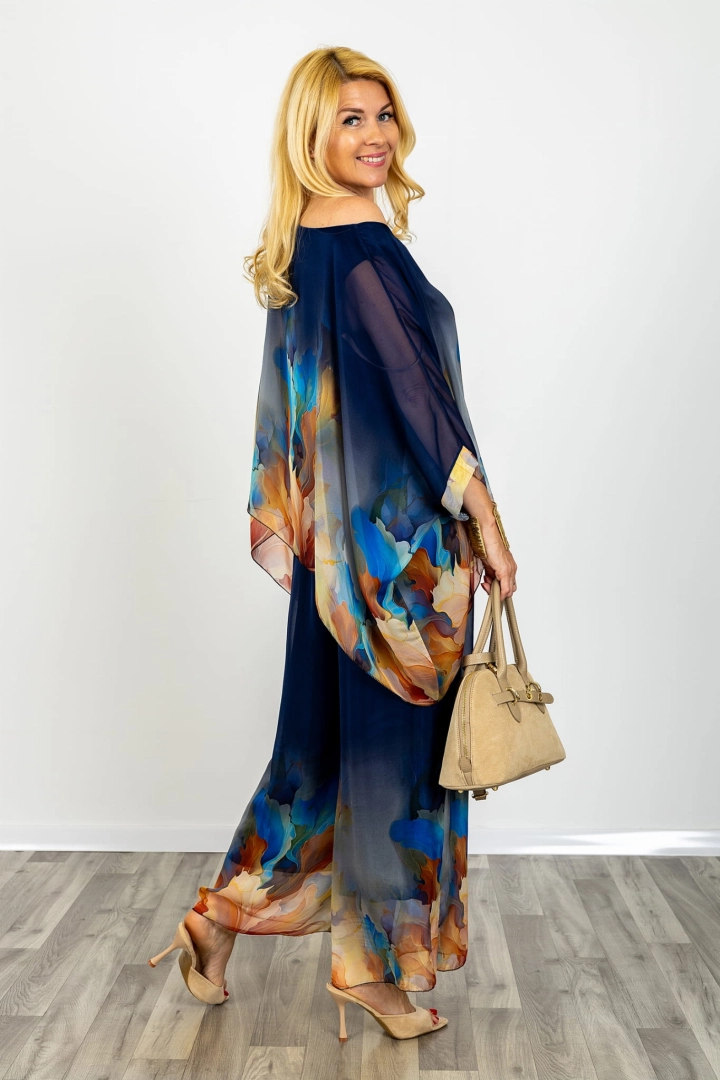 Bluzka mega oversize z rękawem kimono i okrągłym dekoltem Grottammare print abstrakcyjne kwiaty mgiełka półtransparentna granatowa