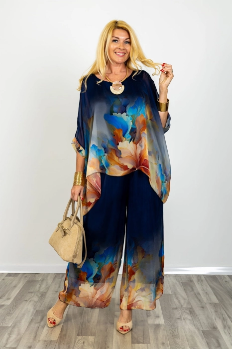 Bluzka mega oversize z rękawem kimono i okrągłym dekoltem print abstrakcyjne kwiaty mgiełka półtransparentna Grottammare granatowa