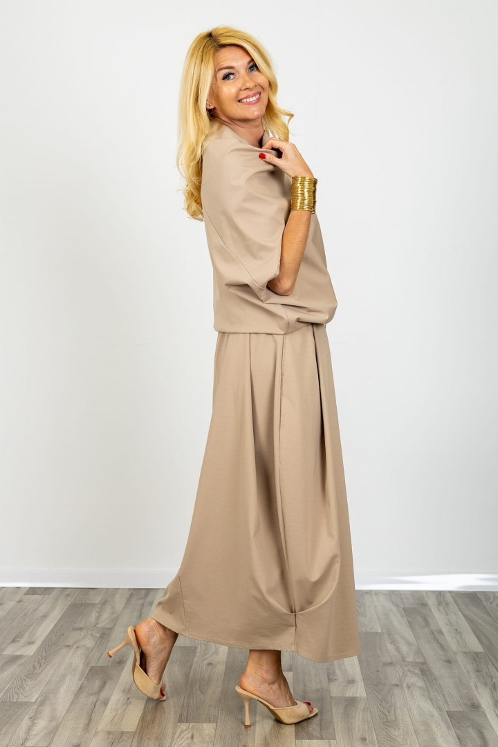 Długa spódnica maxi Buonconvento fango zakładki kieszenie gumka w pasie fason luźny