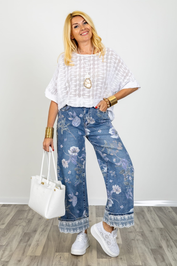 Bluzka oversize biała Loazzolo ażurowa kimono krótki rękaw okrągły dekolt styl casual