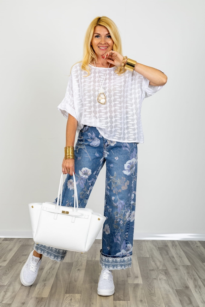 Biała bluzka damska Loazzolo ażurowa oversize krótki rękaw kimono lekka lato