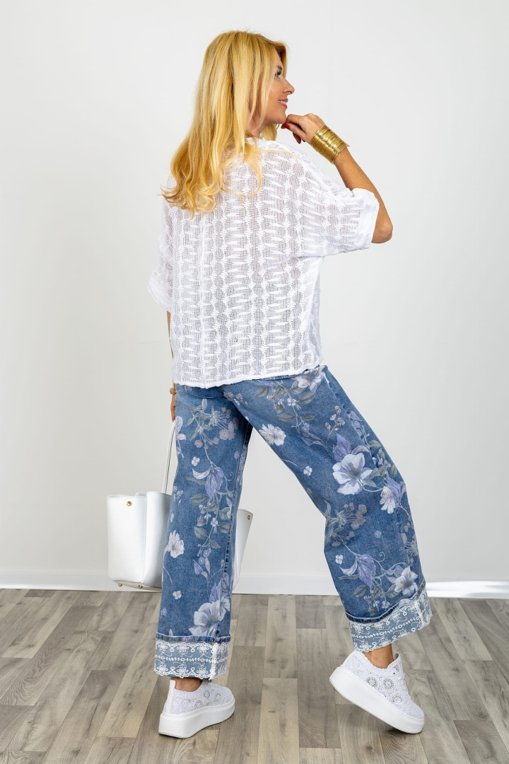 Bluzka damska ażurowa biała Loazzolo oversize kimono krótki rękaw okrągły dekolt