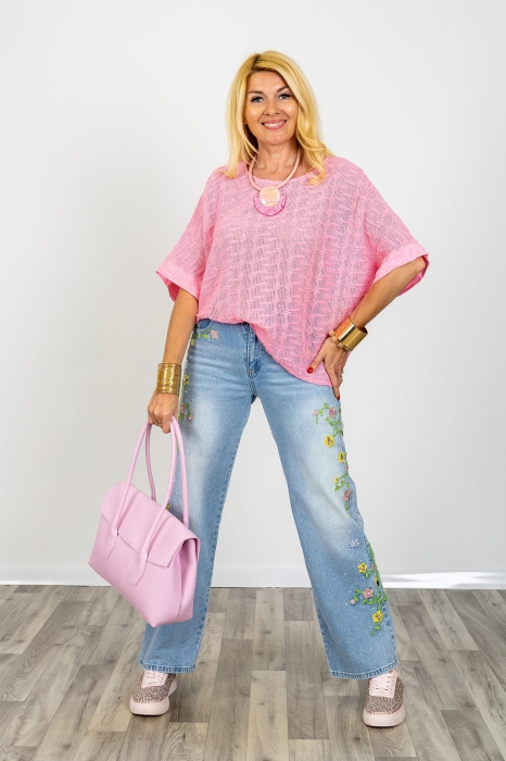 Bluzka damska ażurowa pudrowy róż Loazzolo oversize kimono krótki rękaw okrągły dekolt lekka