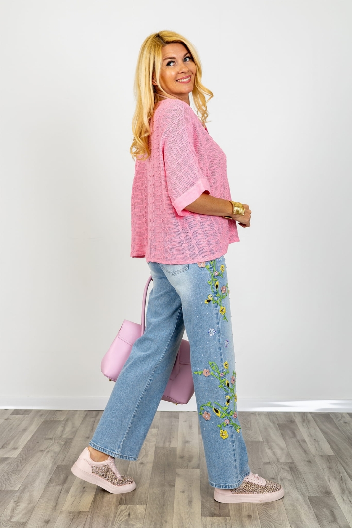 Pudrowa bluzka ażurowa Loazzolo oversize krótki rękaw kimono luźna przewiewna styl casual