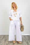 Spodnie lniane palazzo z wysokim stanem gumką w pasie i kieszeniami z haftowanymi kwiatami Chianocco białe