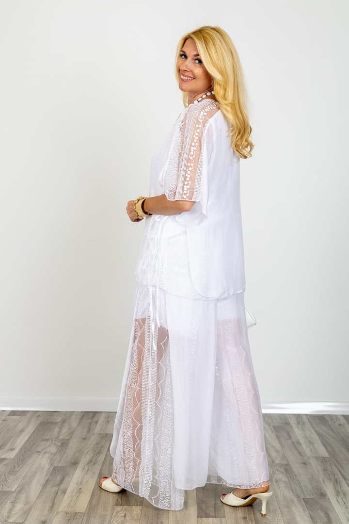 Bluzka Montemonaco z jedwabiem z krótkim rękawem z haftem na tiulu z rozcięciami na bokach i wiązaniami wielowarstwowa biała