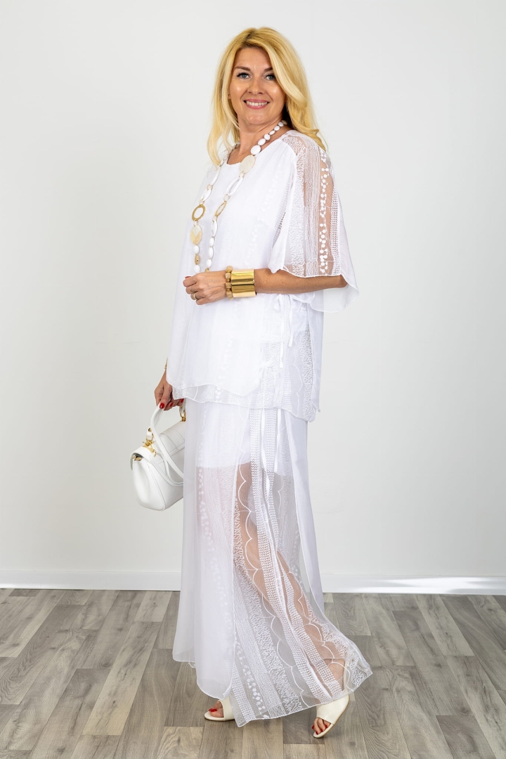 Bluzka z jedwabiem z krótkim rękawem z haftem na tiulu Montemonaco z rozcięciami na bokach i wiązaniami wielowarstwowa biała