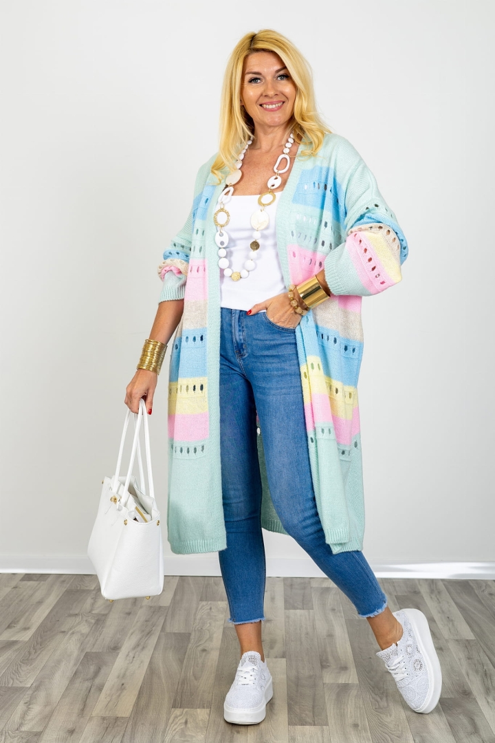 Narzutka ażurowa długa w kolorowe pasy z obniżoną linią ramion kardigan damski niezapinany Cafasse miętowa