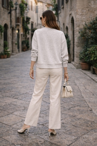 Szara bluza oversize Arignano z ażurową aplikacją na przodzie okrągły dekolt długi rękaw