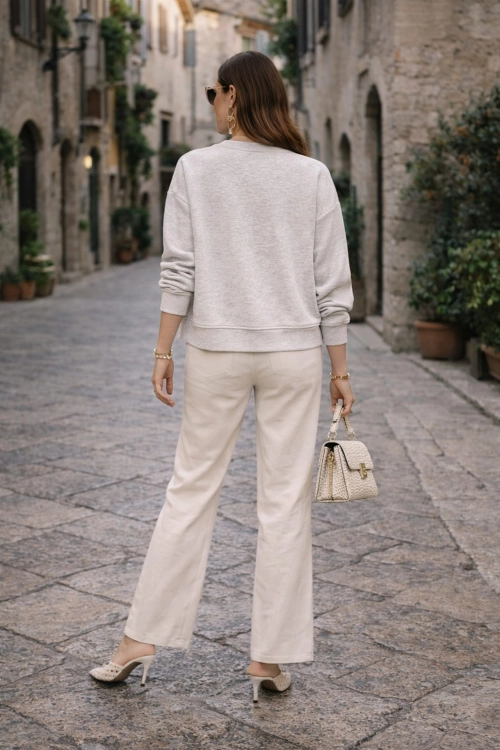 Szara bluza oversize Arignano z ażurową aplikacją na przodzie okrągły dekolt długi rękaw