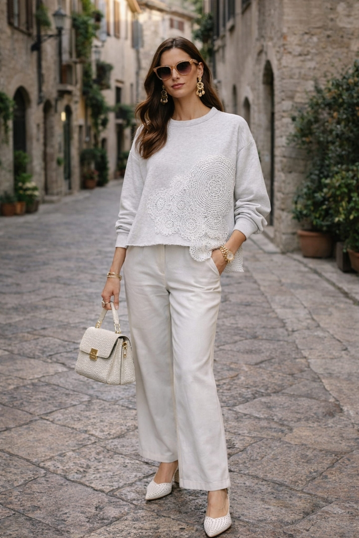 Bluza damska oversize z dekoracyjnymi ażurowymi kołami na przodzie z okrągłym dekoltem i długim rękawem Arignano szara