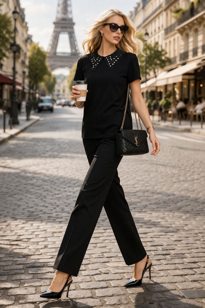 Czarna elegancka bluzka Castorano z krótkim rękawem ozdobnym koronkowym kołnierzem z dużymi dżetami t-shirt