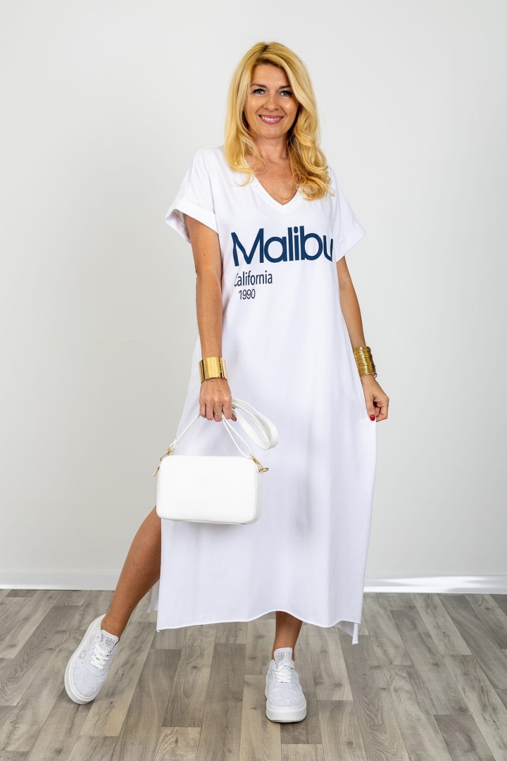 Biała sukienka oversize maxi t shirt kieszenie dekolt V krótki rękaw luźna długa Olivetolucano