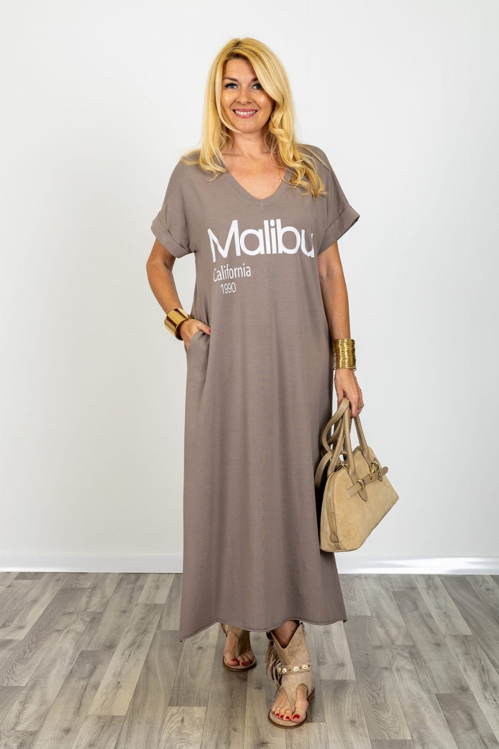 Sukienka damska maxi oversize fango kieszenie dekolt V krótki rękaw luźna t shirt Olivetolucano