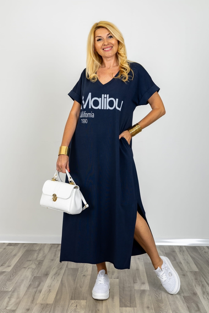 Granatowa sukienka maxi oversize z kieszeniami dekolt V krótki rękaw luźna sukienka t shirt Olivetolucano