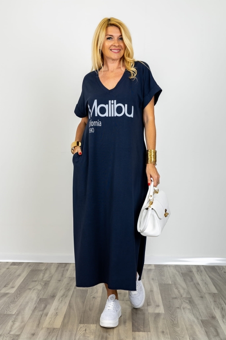 Sukienka damska maxi oversize granatowa kieszenie dekolt V krótki rękaw luźna t shirt Olivetolucano