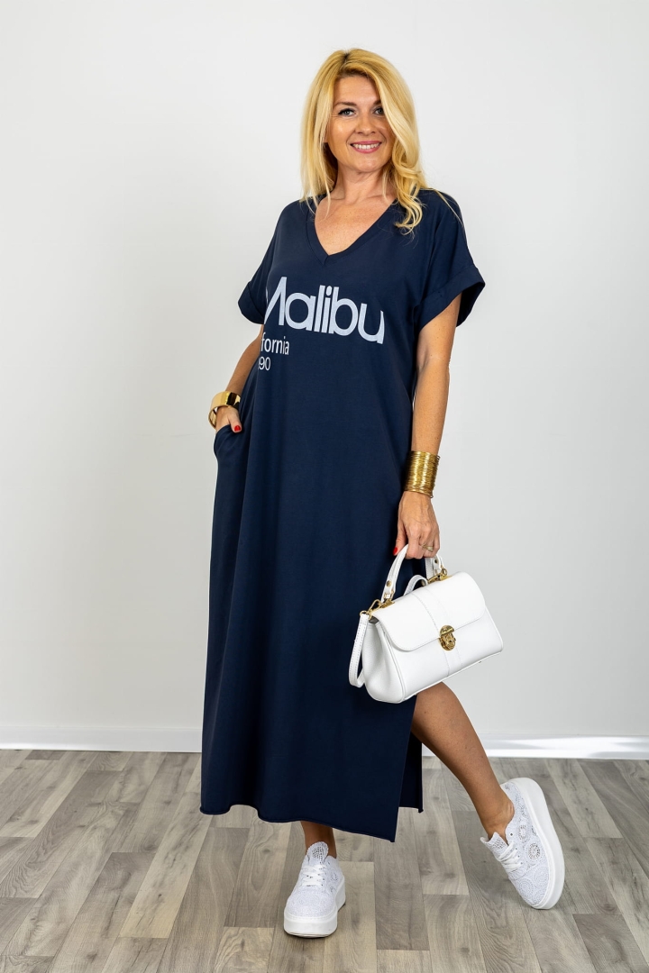 Sukienka maxi oversize granatowa z kieszeniami dekolt V krótki rękaw luźna sukienka casual Olivetolucano
