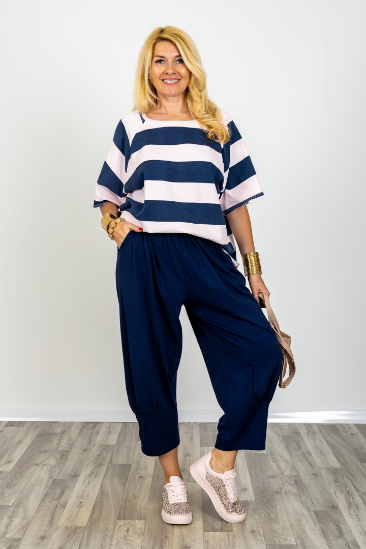 Spodnie ballon z ozdobnym drapowaniem na nogawkach gumą w pasie przeszyciami o luźnym kroju Rossanoa granatowe