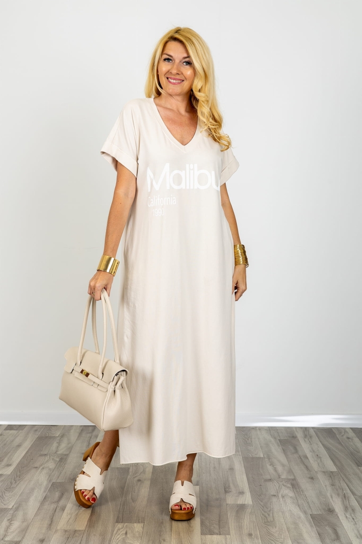 Sukienka damska maxi oversize beżowa kieszenie dekolt V krótki rękaw luźna t shirt Olivetolucano