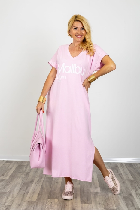 Pudrowa różowa sukienka maxi oversize z kieszeniami dekolt V krótki rękaw luźna sukienka t shirt Olivetolucano