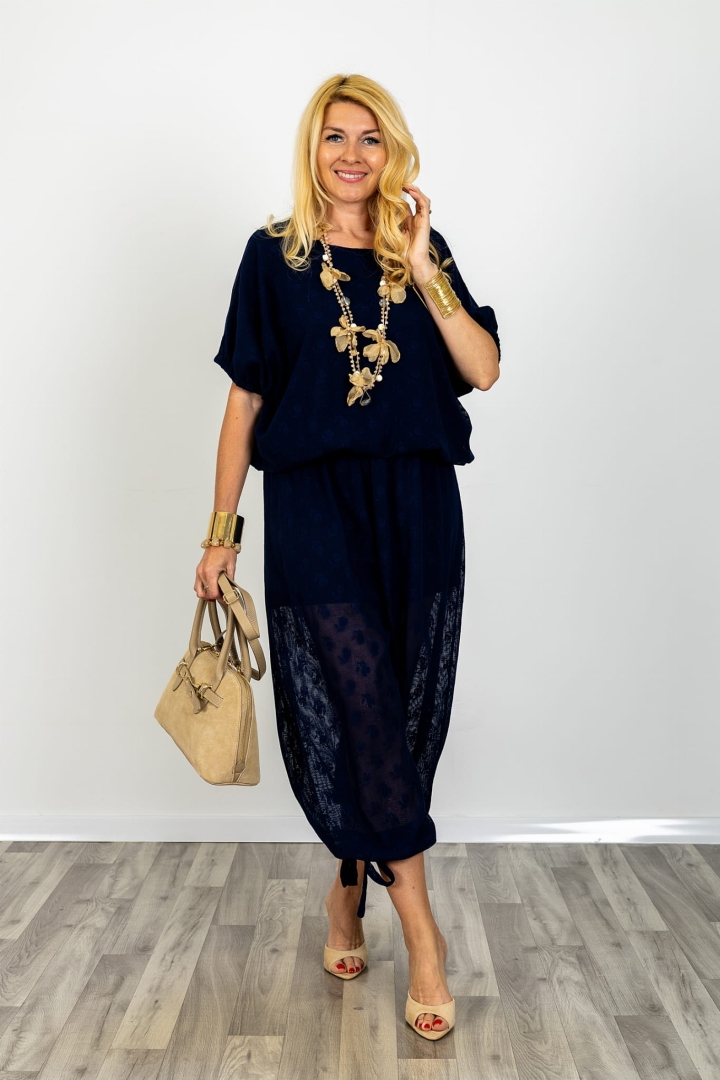 Bluzka z krótkim rękawem Palmiano granatowa z okrągłym dekoltem w drobne kwiaty ze ściągaczami